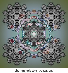 Snowflake ornamental pattern. Snowflakes background. Flat design with abstract snowflakes isolated on colored background. Snowflakes pattern. Vector illustration.
