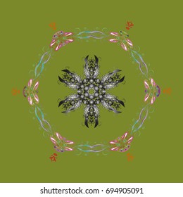 Snowflake ornamental pattern. Snowflakes pattern. Vector illustration. Snowflakes background. Flat design with abstract snowflakes isolated on colorful background.
