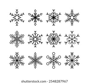 Snowflake outline icon set. Snow and cold winter symbol.