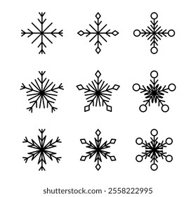 Snowflake outline icon set. Snow and cold winter symbol.