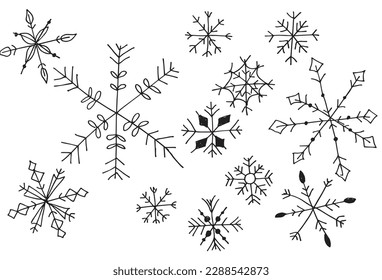 Imagen vectorial de la ilustración del contorno de copo de nieve. Dibujo de imágenes de dibujo con copo de nieve dibujado a mano. Icono de logotipo original simple a partir del dibujo de lápiz.