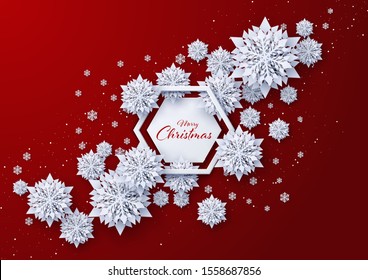 Snowflake paper cut decor on red background,Merry Christmas and Happy New Year greeting card design,Paper art design and craft style