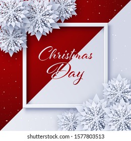 Snowflake paper cut decor on red and white background,Merry Christmas and Happy New Year greeting card design,Paper art design and craft style
