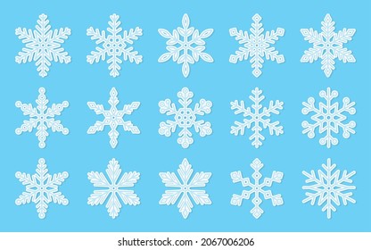 Snowflake paper cut xmas sticker blue flat set. Volumetric patch social network photo editor decor greeting card origami holiday element badge winter weather app icon party hexagonal snow isolated