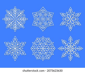 Snowflake papercut silhouette. Vector collection templates. Winter symbol paper,laser cutting or sublimation. Christmas ornaments for holidays. Flat style. Design elements.