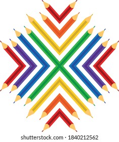Snowflake pattern of colored pencils, red, blue, purple, yellow, green. Bright, juicy pattern.