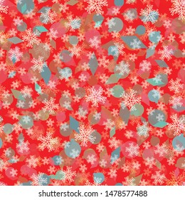 Snowflake pattern with confetti geometric bauble shapes. Stylized graphic pattern for Christmas, wrapping paper, celebration, greetings. EPS 10 Vector.