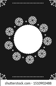 Snowflake pattern. Decoration of New year, Christmas cards. Arabic geometric, floral round ornament, pattern of white lines. Decorative white pattern. Design element. Ethnic oriental theme