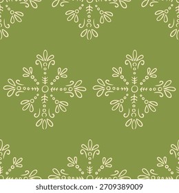 Snowflake pattern with decorative organic shapes repeating on a green background in a simple festive style. The concept represents winter, holiday wrapping and eco-friendly seasonal design
