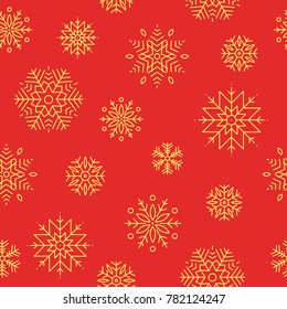 Snowflake Pattern. Design of seamless pattern with snowflakes on red background.  Background for Christmas and New year. Winter holidays vector illustration.