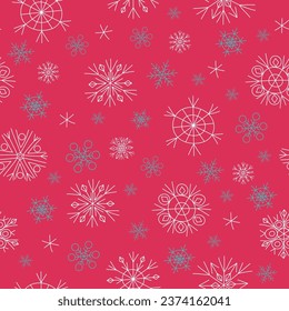 Patrón de copos de nieve. Año Nuevo, decoración navideña. Dibujos, garabatos. Ilustración vectorial de invierno, fondo transparente. Para embalajes vacacionales, textiles, papel pintado.