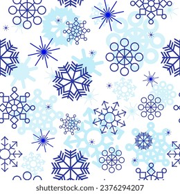 Patrón de copos de nieve. Año Nuevo, decoración navideña. Dibujos, garabatos. Ilustración vectorial de invierno, fondo transparente. Para embalajes vacacionales, textiles, papel pintado.