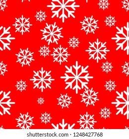 snowflake pattern on red background, Christmas seamless decor vector illustration