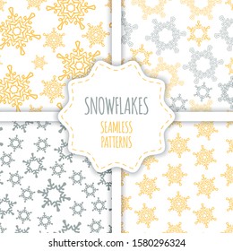 Snowflake pattern seamles. Golden or silver snowflakes on the white background. Vector illustration