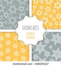 Snowflake pattern seamles. White snowflakes on the golden or silver background. Vector illustration