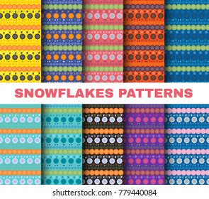 Snowflake pattern set, Christmas ethnic or tribal color winter snowflakes on colorful backgrounds vector illustration.Vector collection for Scrapbooking design. New Year scrap set, knitted wrapp