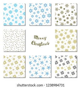 Snowflake patterns vector collection. Seamless snow backgrounds. Xmas textures for Christmas wrapping design. Happy New Year illustration