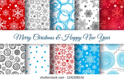 Snowflake patterns vector collection. Seamless snow backgrounds. Xmas textures for Christmas wrapping design. Happy New Year illustration