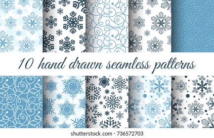 Snowflake patterns vector collection. Seamless snow backgrounds. Xmas textures for Christmas wrapping design. Happy New Year illustration