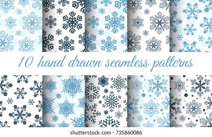 Snowflake patterns vector collection. Snow backgrounds. Xmas textures for Christmas wrapping design. Happy New Year illustration