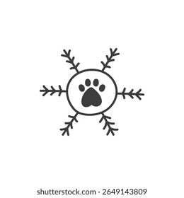Snowflake with Paw Print. Unique winter snow doodle. Seasonal pet designs. Cat and Dog greeting elements. Vector illustration