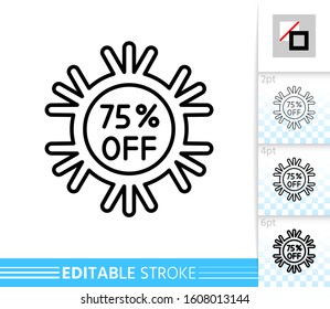 Snowflake percent off line icon. Christmas sale, new year holiday special offer. Editable stroke outline sign. Winter season clearance design. Single closeup simple linear icon. Vector illustration
