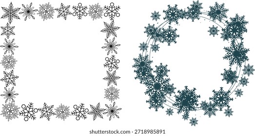 Snowflake Photo Frame Set, Winter Ice Border and Christmas Snow Decoration Frames Vector