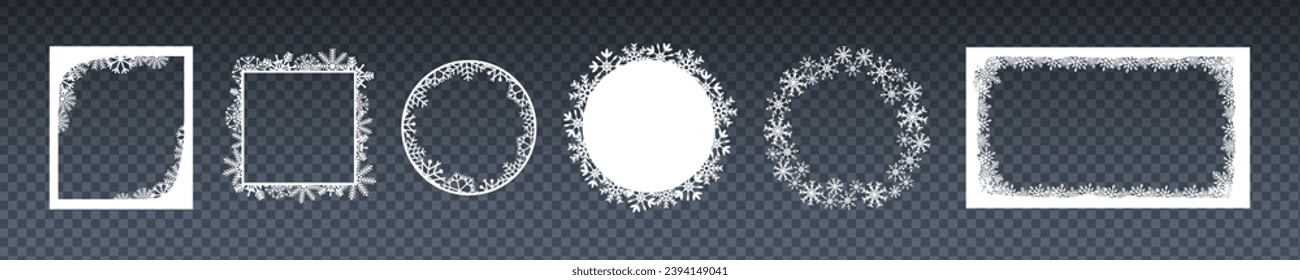 Diseño vectorial de marco fotográfico copo de nieve. Borde vectorial de dibujos animados de hielo