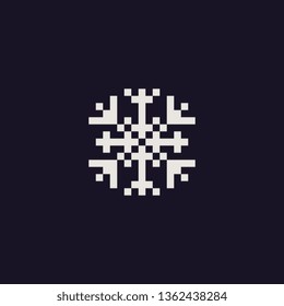 Snowflake pixel art icon, element design for logo mobile app, stamp, web, sticker. Isolated 80s abstract vector illustration. 1-bit sprites.