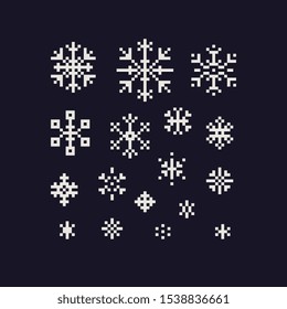 Snowflake pixel art icons set, element design for logo mobile app, stamp, web, sticker. Isolated 80s abstract vector illustration. 1-bit sprites.