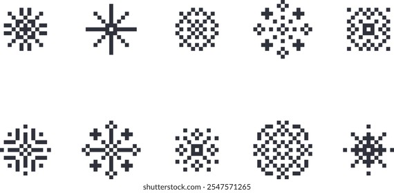 Iconos del arte del pixel del copo de nieve fijados, diseño del elemento para el App móvil del logotipo, temas del invierno, proyectos digitales y diseños festivos. Ilustración vectorial de los años 80 aislada en blanco.