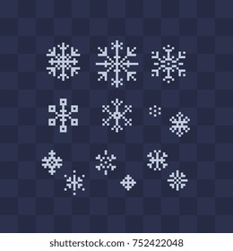 Snowflake pixel art icons set. Winter theme set. Isolated vector illustration