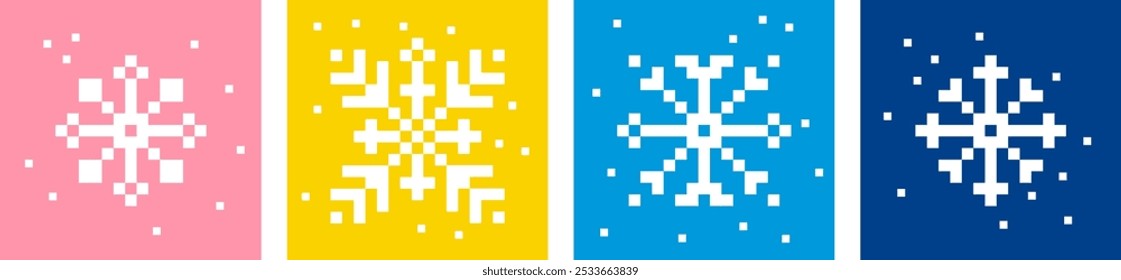 Snowflake in pixel art. Minimalist winter season cards. Xmas elements. Mood of 90's. 8-bit retro style vector illustration. Geometric form. Christmas, New Year design. Bright modern shape for poster