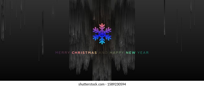 Snowflake with pixel sorting glitch art effect for New Year and Christmas poster, banner or placard design. Modern holiday invitation template. Vector illustration