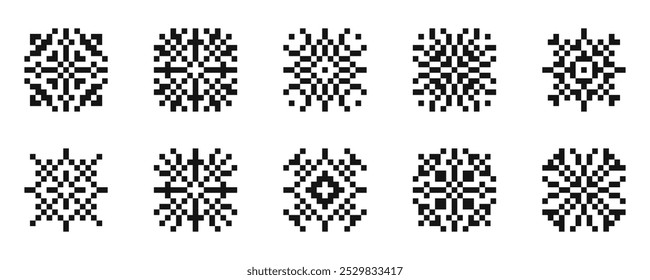 Snowflake pixel style ornament vector icons. Pixel-style snowflake designs