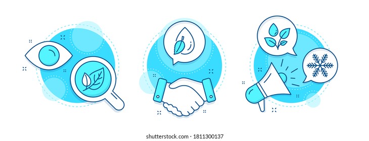 Snowflake, Plants watering and Leaf line icons set. Handshake deal, research and promotion complex icons. Water drop sign. Air conditioning, Water drop, Ecology. Mint leaf. Nature set. Vector