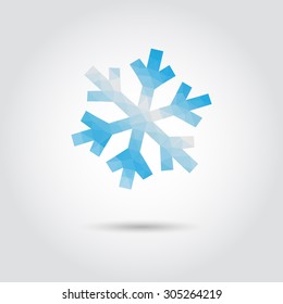 Snowflake polygon icon in modern style with shadow and gray background. Geometric symbol of ice and winter.