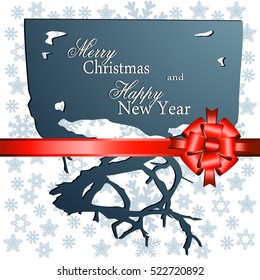 Snowflake. Postcard for Christmas and New Year. Holiday greeting with snowflake background. Beautiful festive red bow. Vector illustration