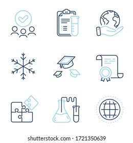 Snowflake, Puzzle and Chemistry lab line icons set. Diploma certificate, save planet, group of people. Throw hats, Medical analyzes and Globe signs. Vector