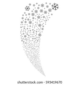 Snowflake random fireworks stream. Vector illustration style is flat black iconic symbols on a white background. Object fountain done from scattered symbols.