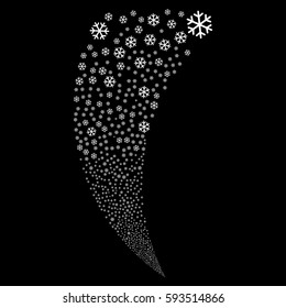 Snowflake random fireworks stream. Vector illustration style is flat white iconic symbols on a black background. Object fountain combined from scattered pictograms.