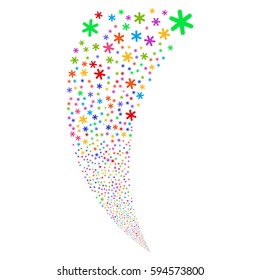 Snowflake random fireworks stream. Vector illustration style is flat bright multicolored iconic symbols on a white background. Object fountain created from scattered pictographs.