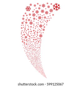 Snowflake random fireworks stream. Vector illustration style is flat red iconic symbols on a white background. Object fountain constructed from scattered symbols.