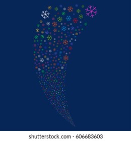 Snowflake random fireworks stream. Vector illustration style is flat bright multicolored iconic symbols on a blue background. Object fountain made from scattered design elements.