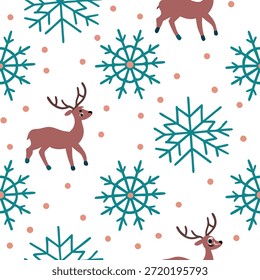 Copo de nieve y el patrón de azulejos sin costuras de renos con Elementos de bosque de invierno y el concepto de tonos fríos como Copos de nieve junto con el reno crean un patrón de azulejos sin costuras con Elementos de bosque de invierno y tonos fríos para la decoración festiva en Stock de fotos Concepto y espacio vacío en el lado izquierdo, sin texto --ar 7:2 --tile