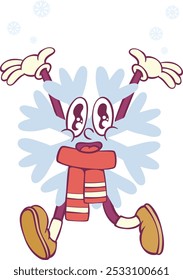 Snowflake retro groovy cartoon character mascot