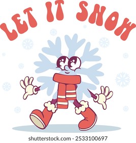 Snowflake retro groovy cartoon character mascot