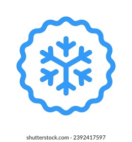 Icono vectorial de la línea de la cinta de copo de nieve. Etiqueta para el producto congelado. Sello de temperatura fría. Pictograma de almacenamiento de alimentos fríos. Botón redondo con símbolo de nieve. Mantén la señal congelada.