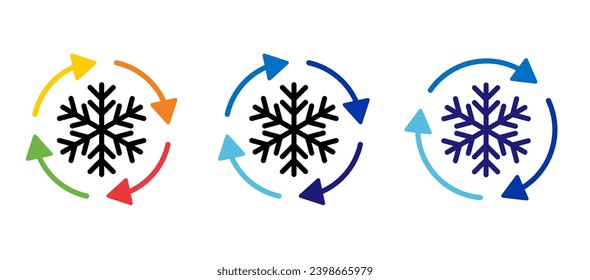 Snowflake with rotation arrows. Freezer control, auto cooling or defrost for car or house, Fahrenheit or Celsius app. Lowest temperature limit. Snow flowers. Air conditioner or air conditioning.