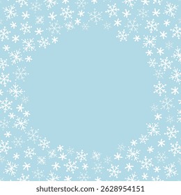 Snowflake Round Frame. Beautiful Winter Holiday Background. Christmas Greeting Card Template. Invitation. Free Space for Your Text. Vector Illustration in Light Blue, White